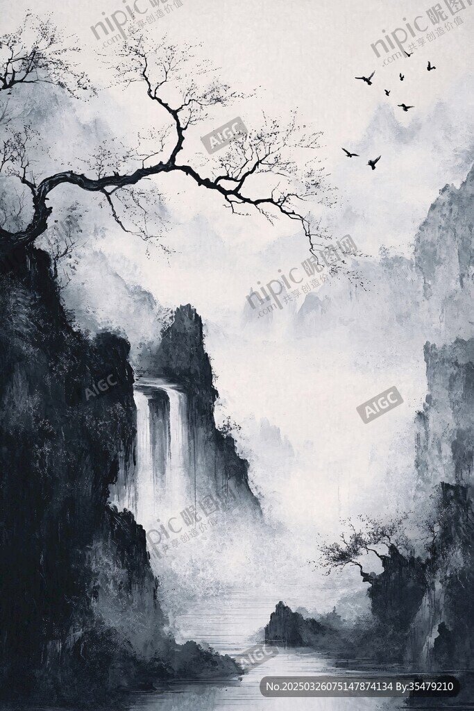 水墨山水间飞鸟伴瀑景