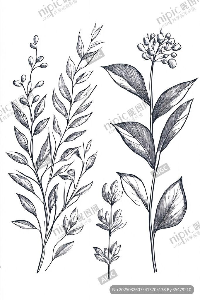 手绘植物枝叶插画素材