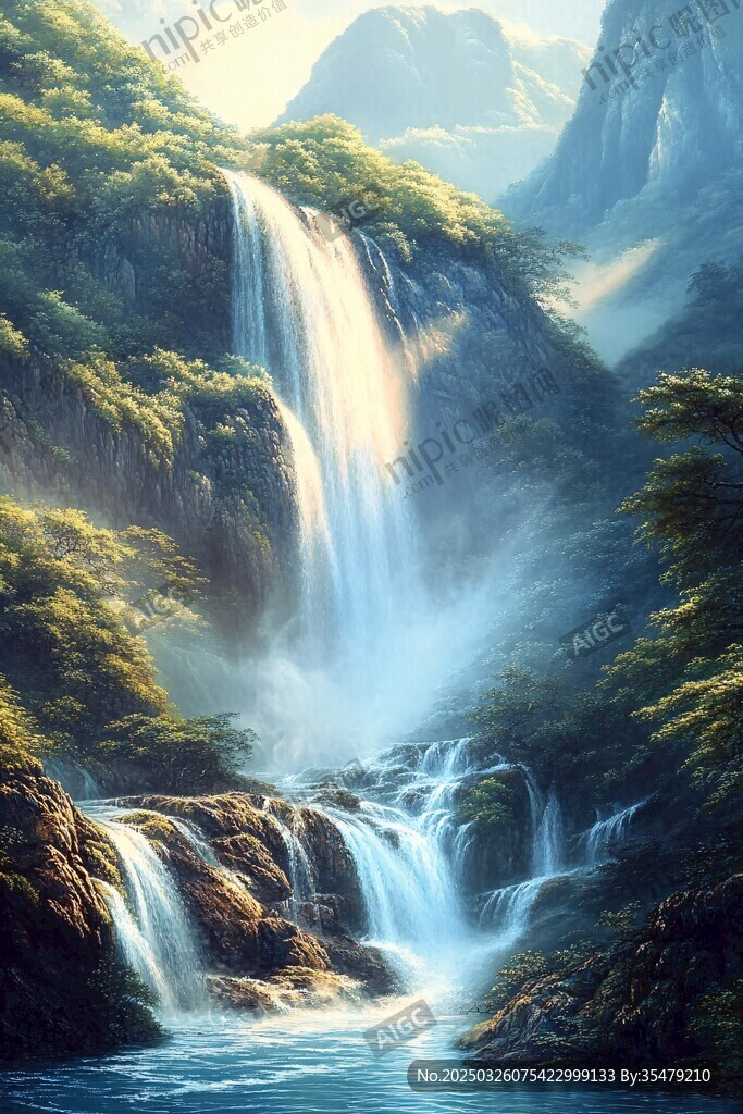 梦幻山间瀑布自然美景
