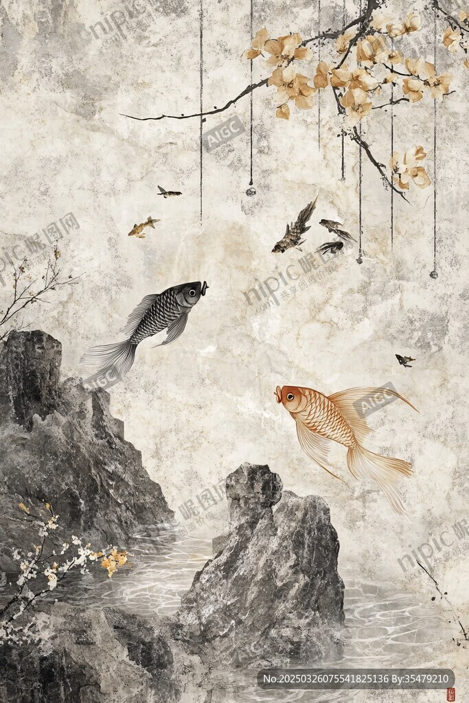 水墨山水间鱼鸟共舞图
