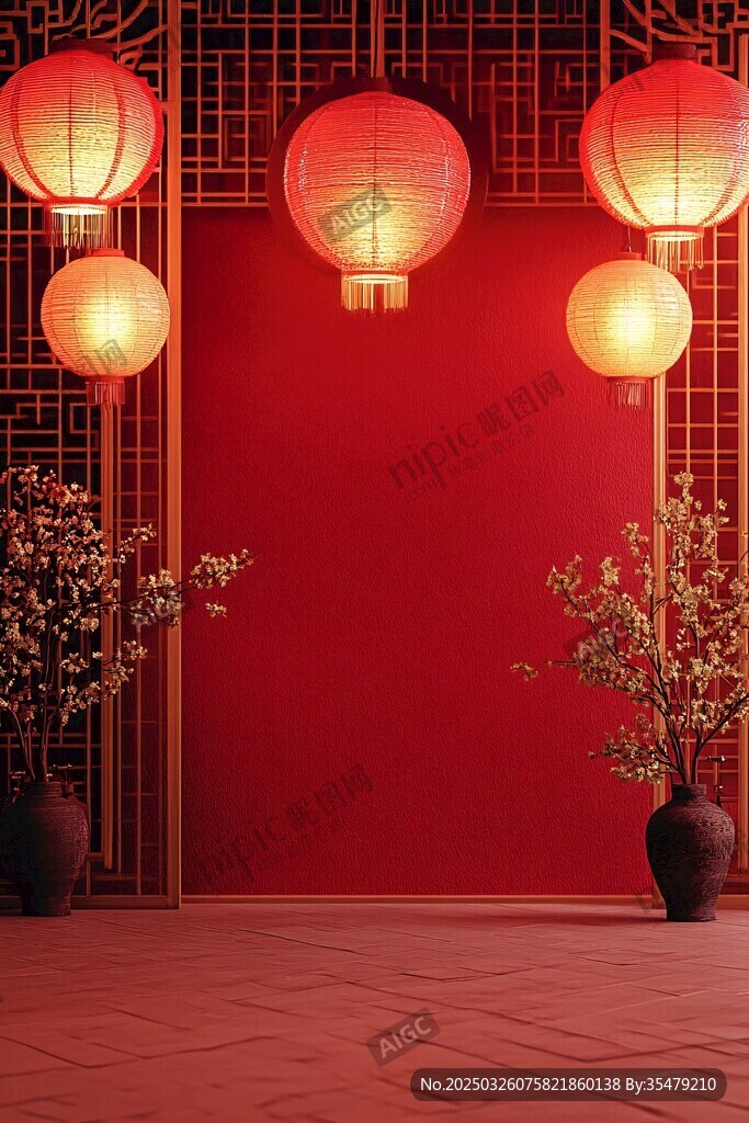 中式红墙灯笼雅致场景