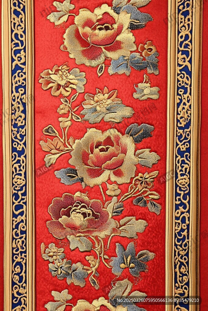 中式刺绣花卉红底精美纹样
