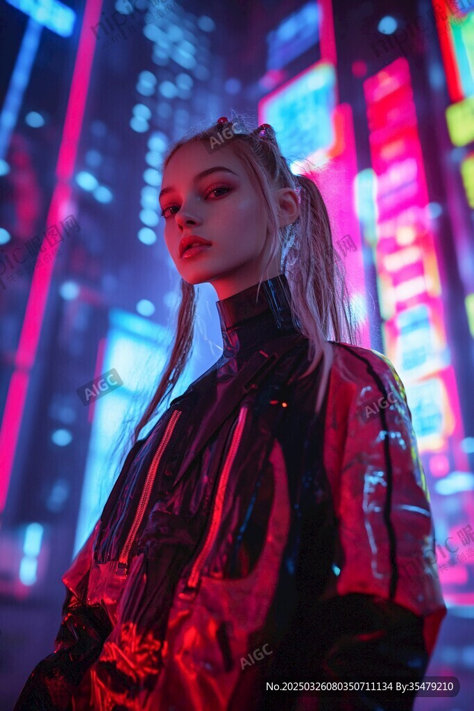 霓虹夜色下的时尚酷女孩