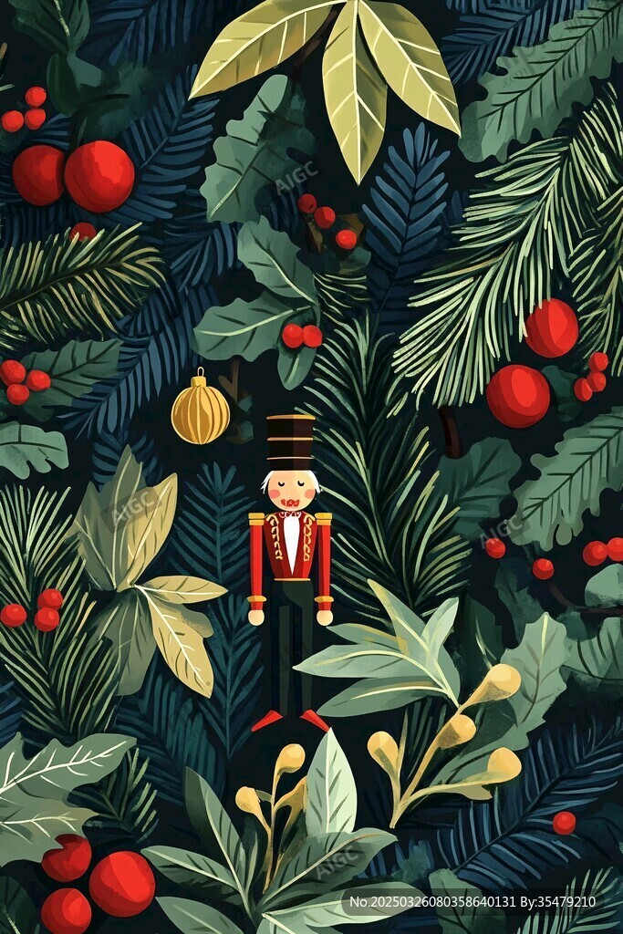 圣诞胡桃夹子与绿植插画