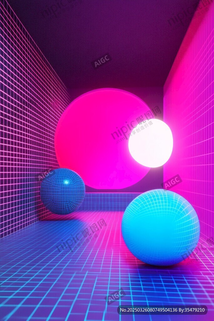 霓虹幻境中的炫彩球体空间