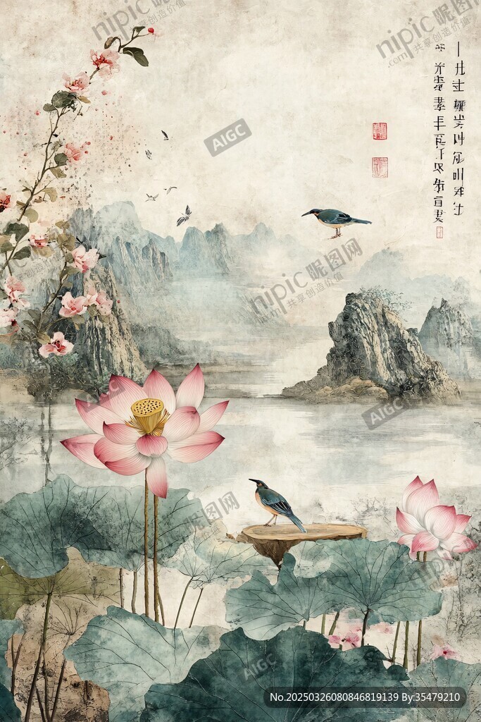 水墨荷花飞鸟山水图