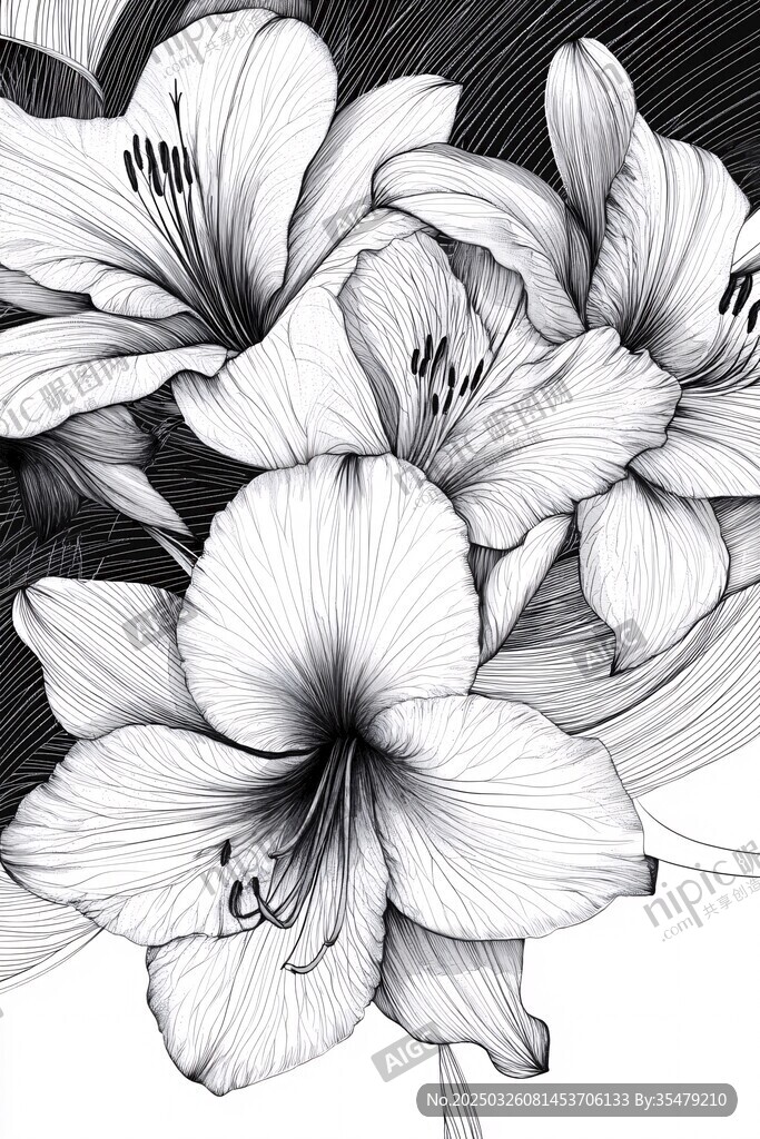 黑白手绘百合花图案