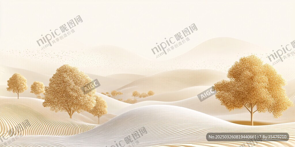 金色沙丘间的静谧树木