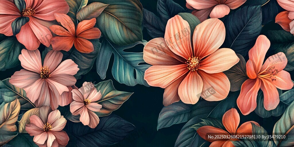 粉色扶桑花与绿叶图案