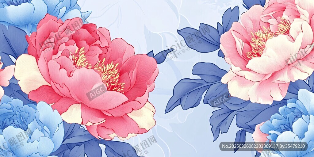 粉蓝牡丹花卉图案设计