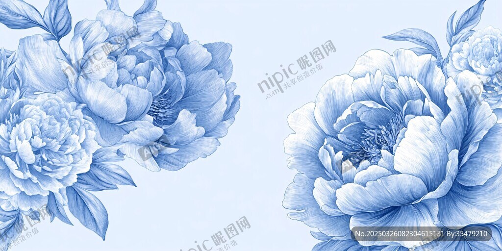 蓝调牡丹花卉优雅插画