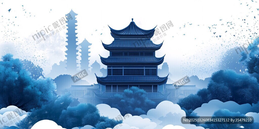 水墨古风中式楼阁云海图景