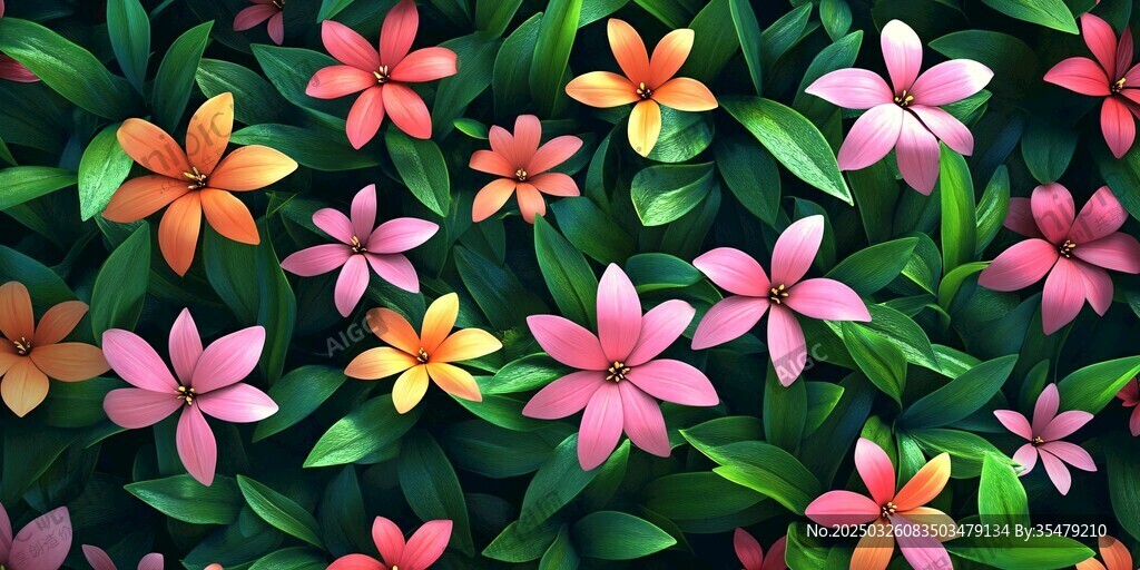 缤纷花卉与绿叶的美丽景致