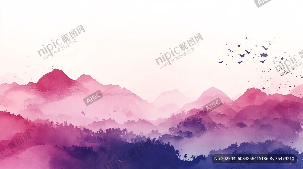 梦幻水墨山水飞鸟图景
