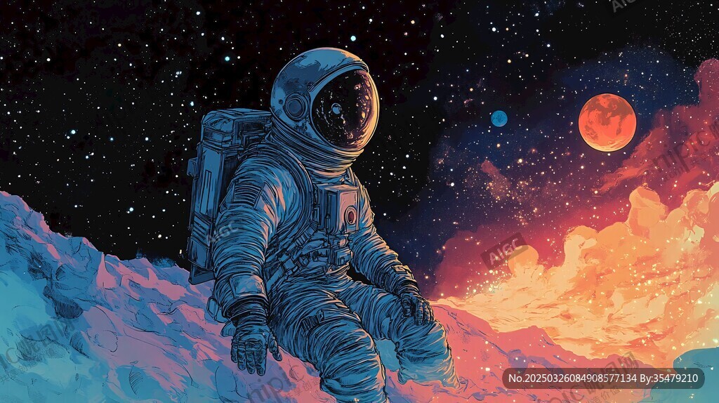 宇航员静坐于梦幻宇宙间