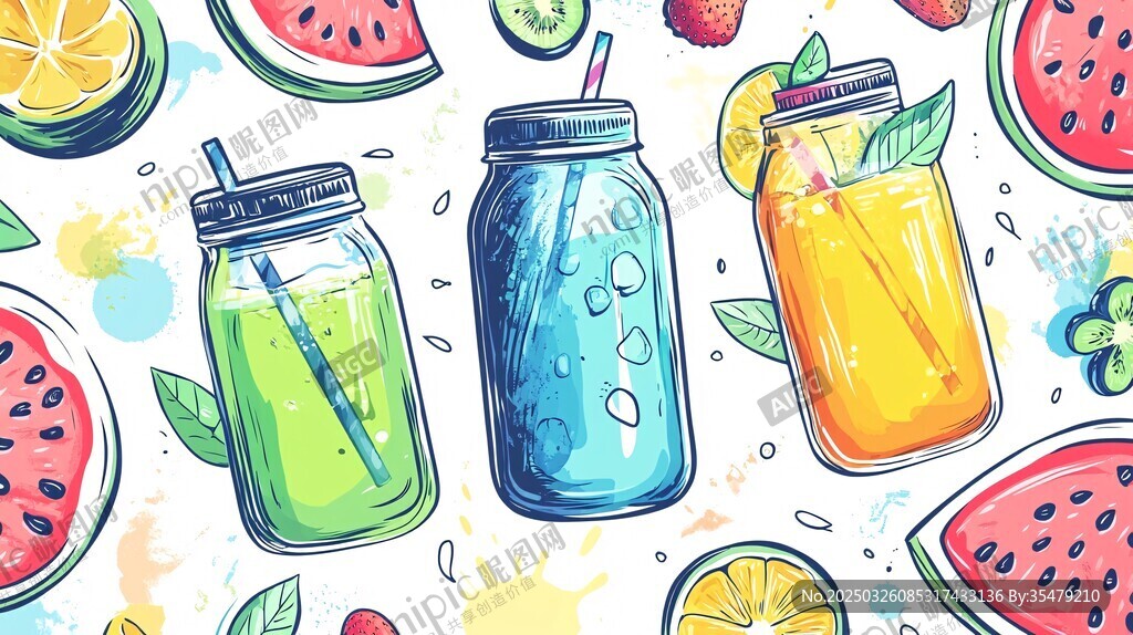 夏日缤纷果汁插画