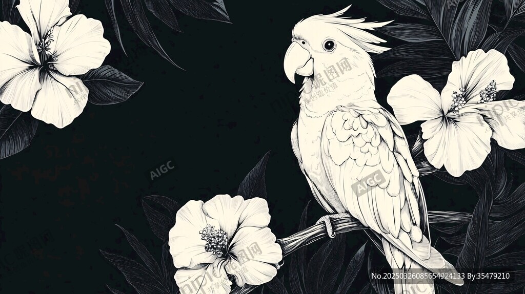 鹦鹉栖于繁花间黑白插画