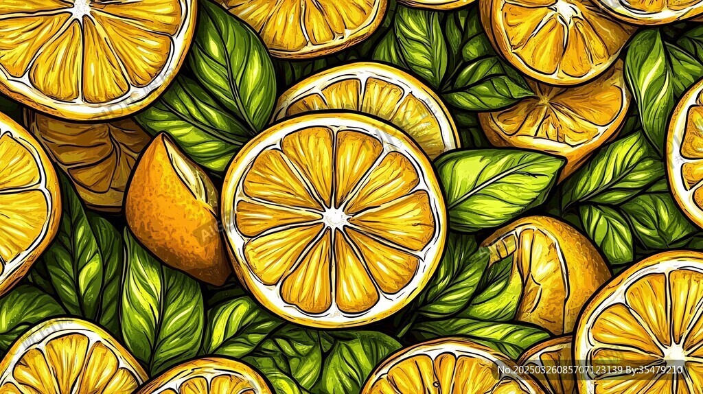 柠檬与绿叶的清新插画