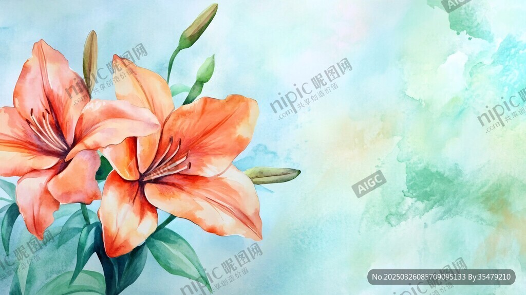 水彩风橙百合清新背景图