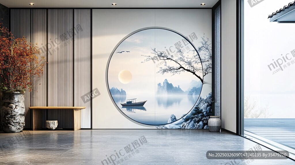 中式禅意客厅山水壁画景观