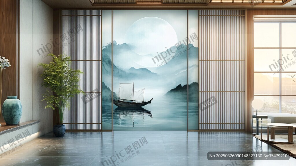 中式山水风客厅移门设计