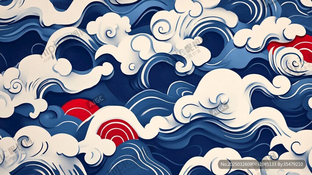 日式海浪与红日图案设计