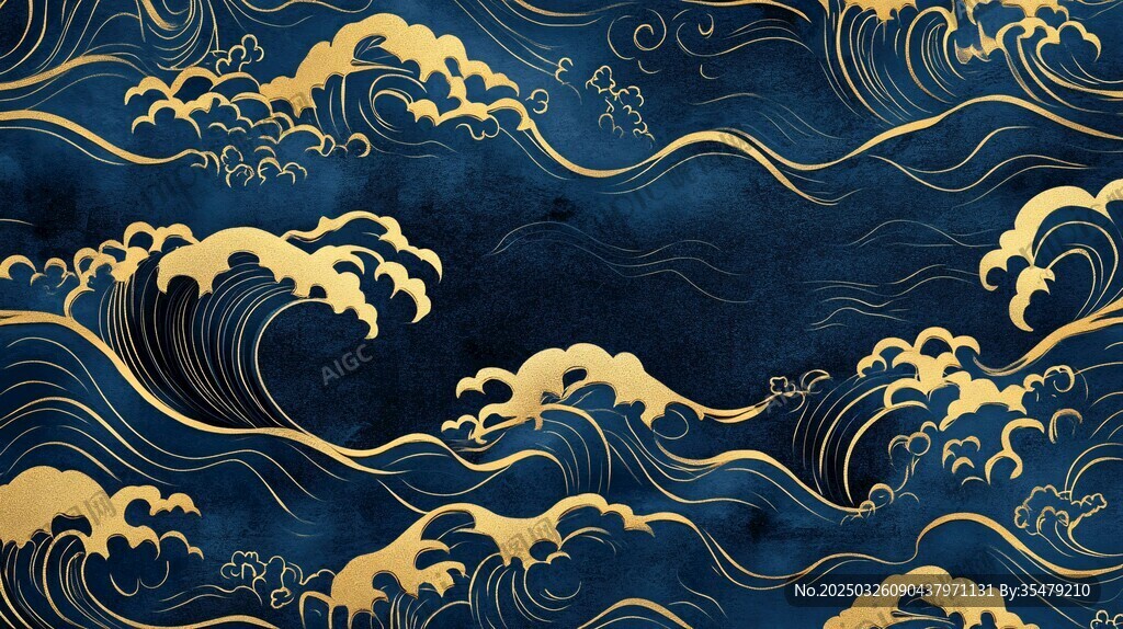 深蓝金纹海浪中式图案
