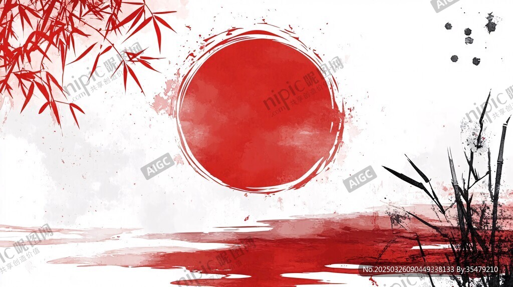 红日翠竹水墨意境图