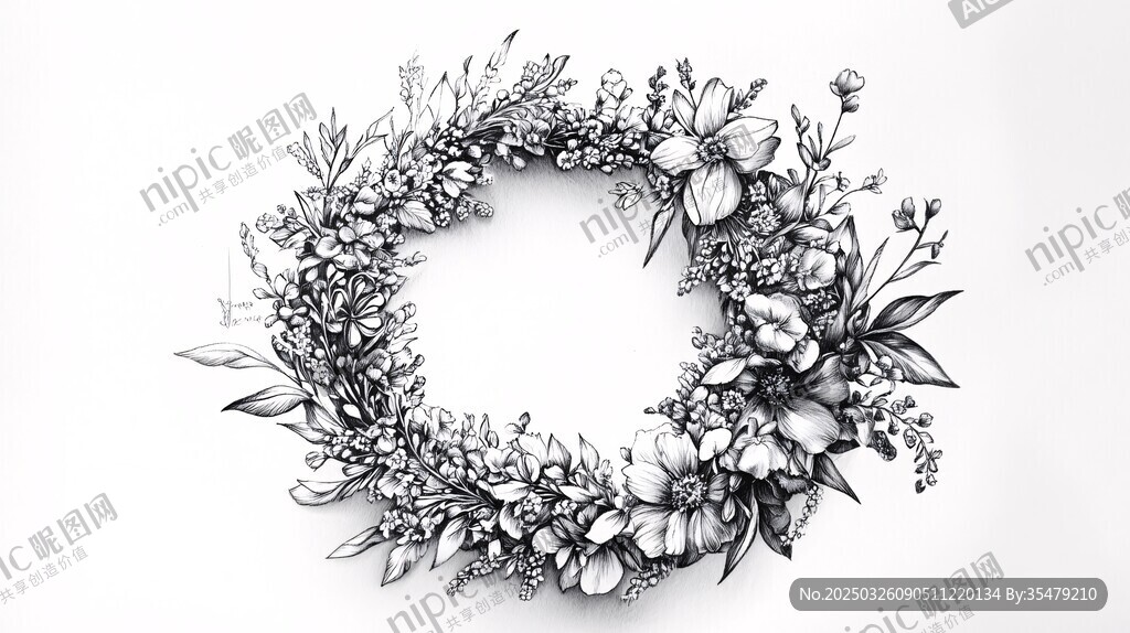 手绘花卉花环黑白插画
