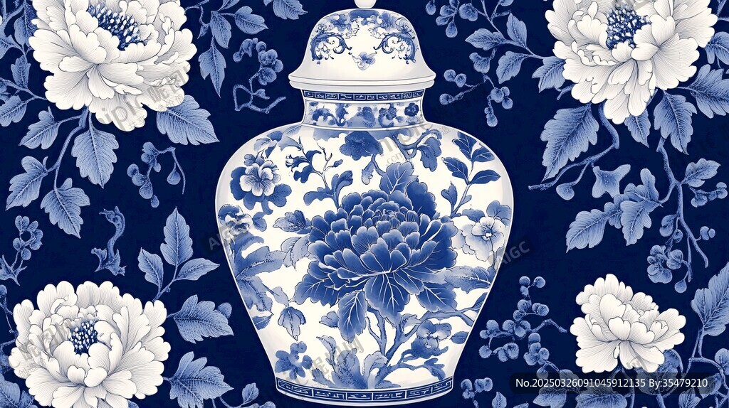 青花瓷瓶与花卉图案背景