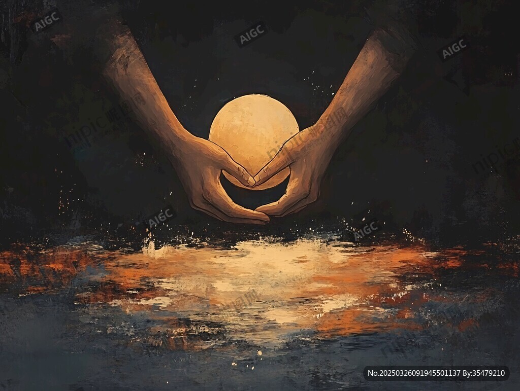 双手捧月的梦幻场景
