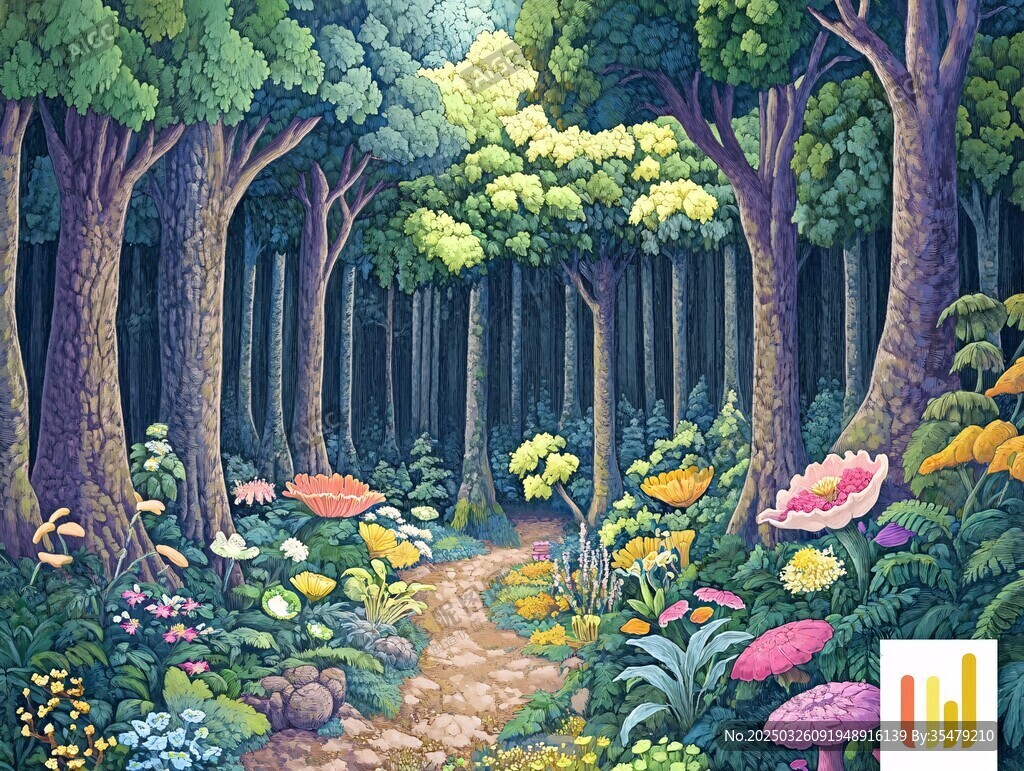 梦幻森林中的缤纷花草小径