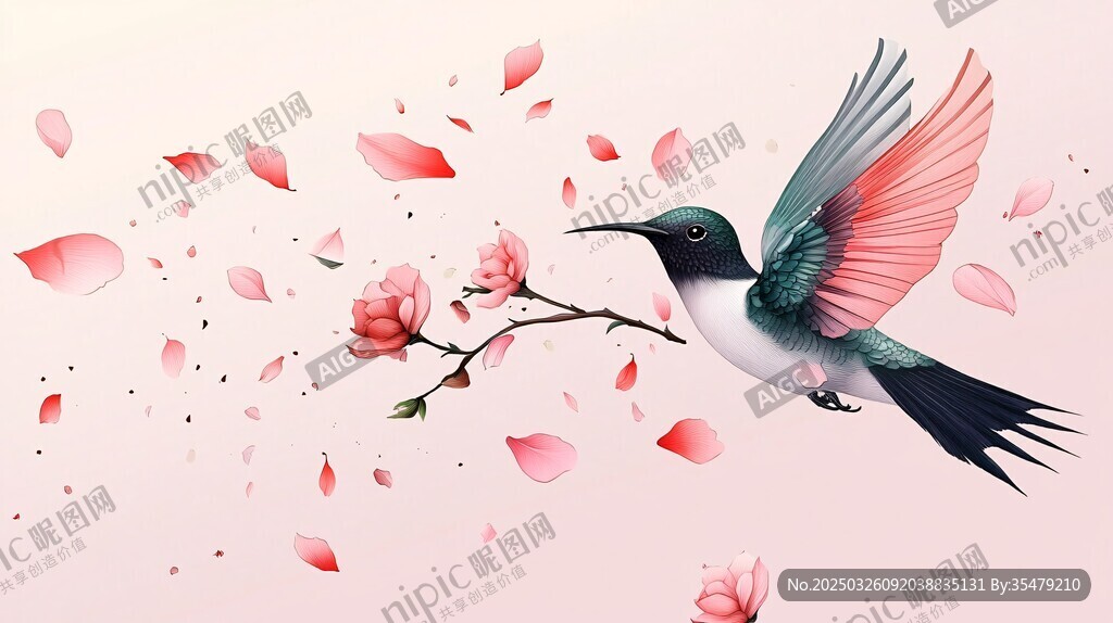 蜂鸟戏花 花瓣纷飞