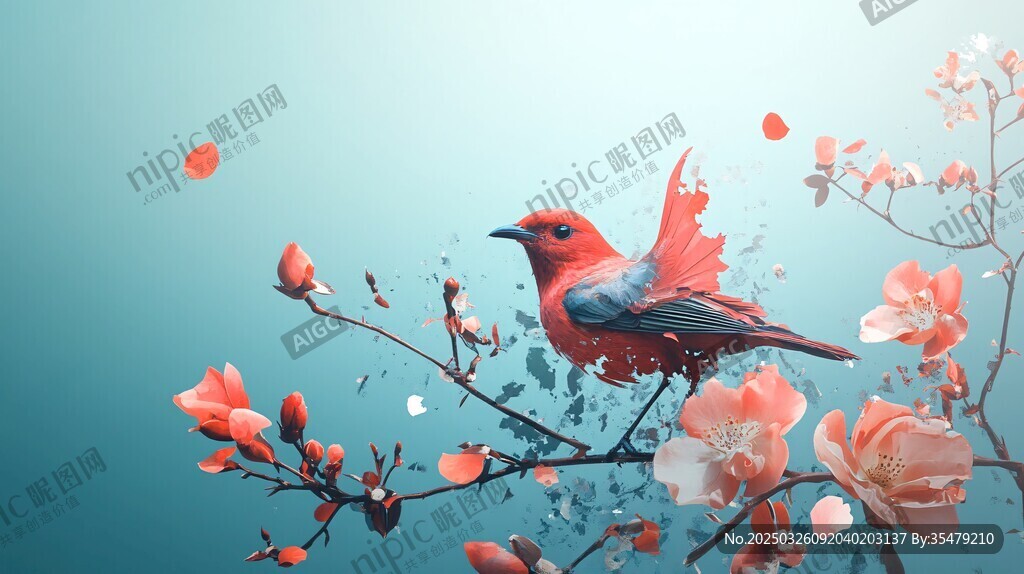 红鸟栖花树 浪漫诗意景