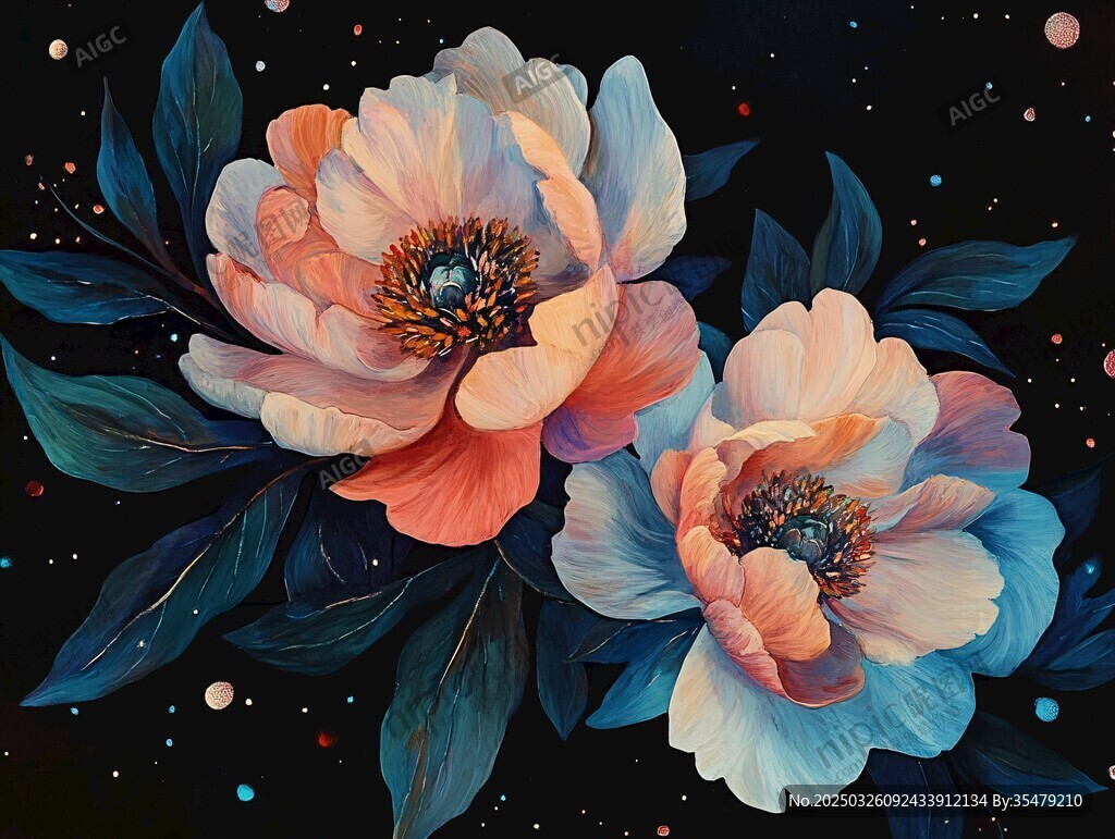 梦幻花卉夜景插画