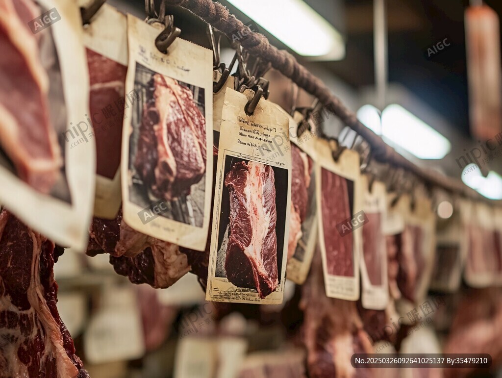 悬挂的生鲜牛肉及信息标签