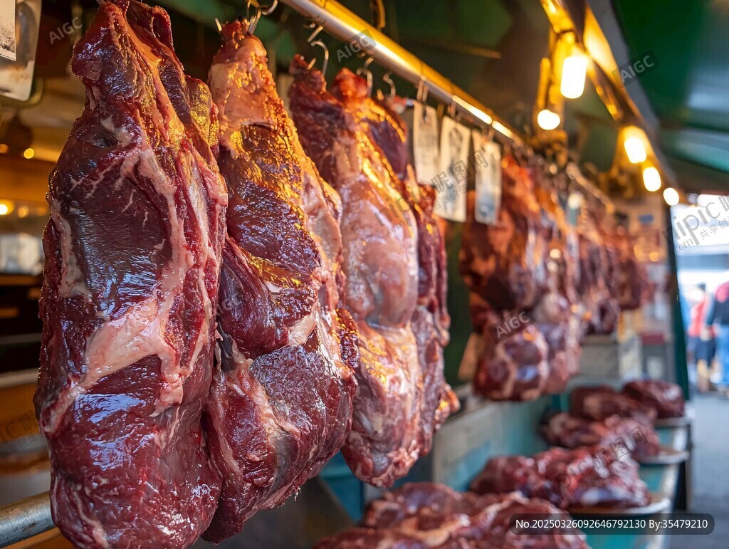 肉铺悬挂售卖的新鲜肉类