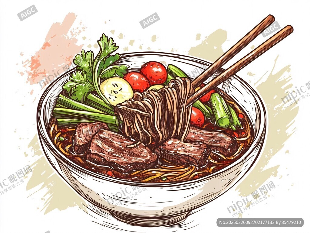 美味牛肉蔬菜面条插画