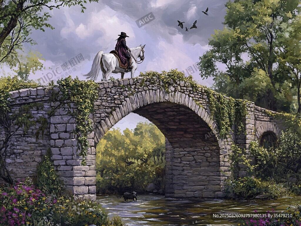 骑士骑马跨越石桥风景图
