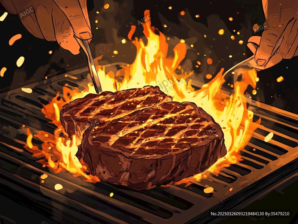 火焰上的美味牛排烤制