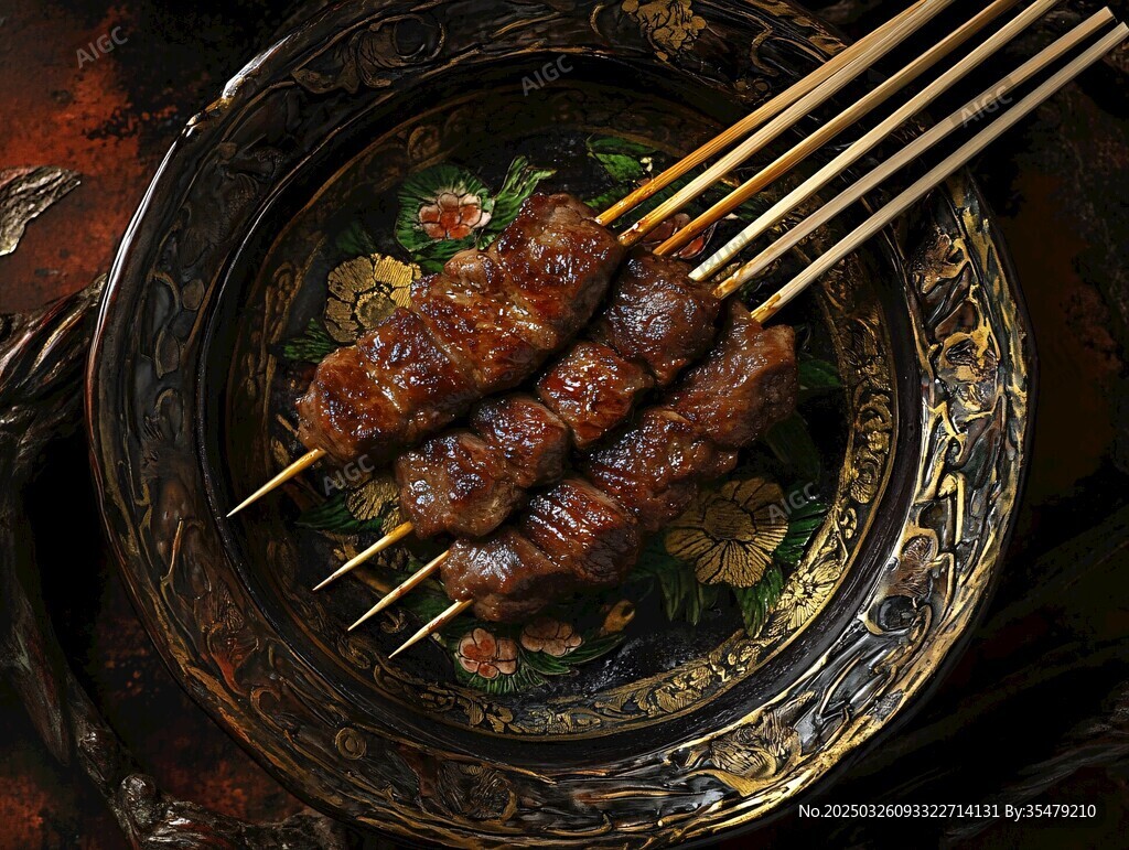 复古盘中美味牛肉烤串
