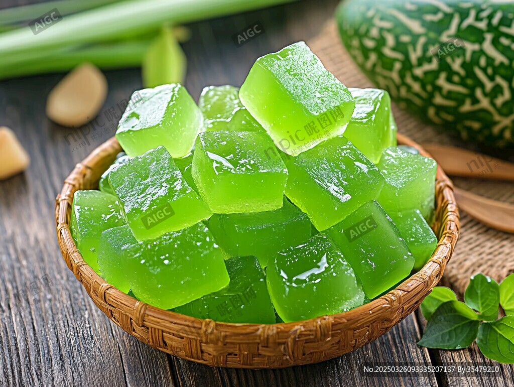 翠绿薄荷糕置于竹篮中