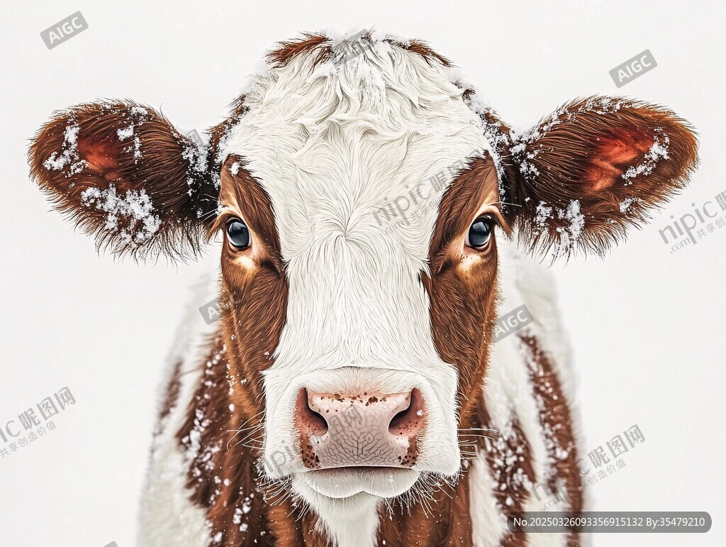 雪地中的可爱花斑小牛