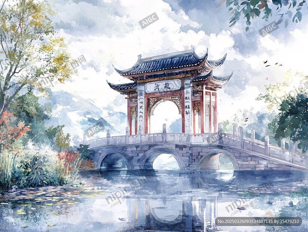 中式古桥牌坊水乡景致