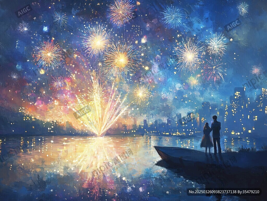 湖畔烟花下的浪漫情侣