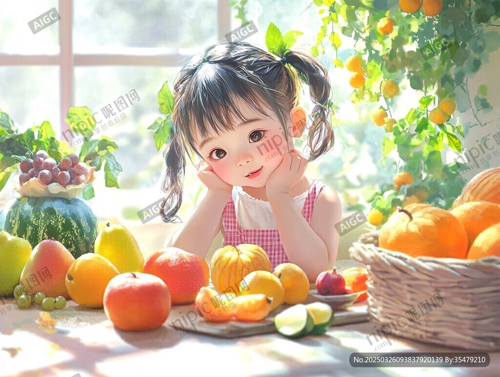 可爱女孩与缤纷水果