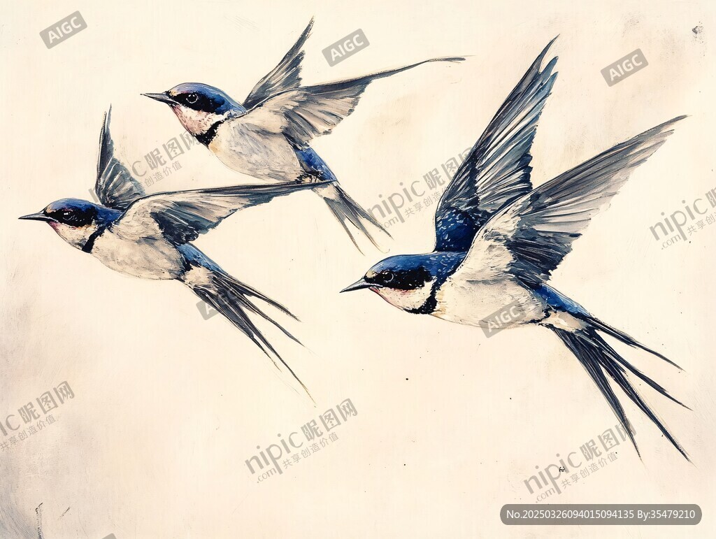 三只燕子空中展翅飞翔