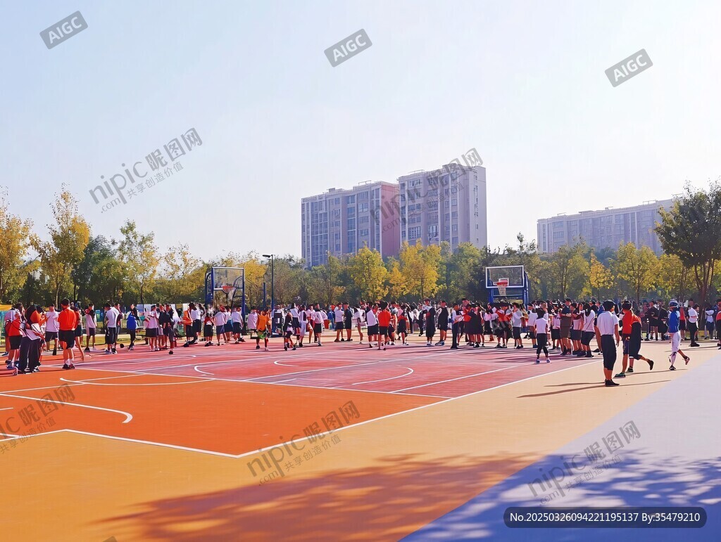 户外篮球场上的热闹人群