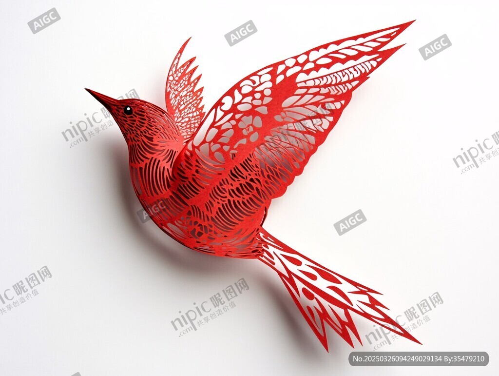 红色精美剪纸飞鸟艺术品