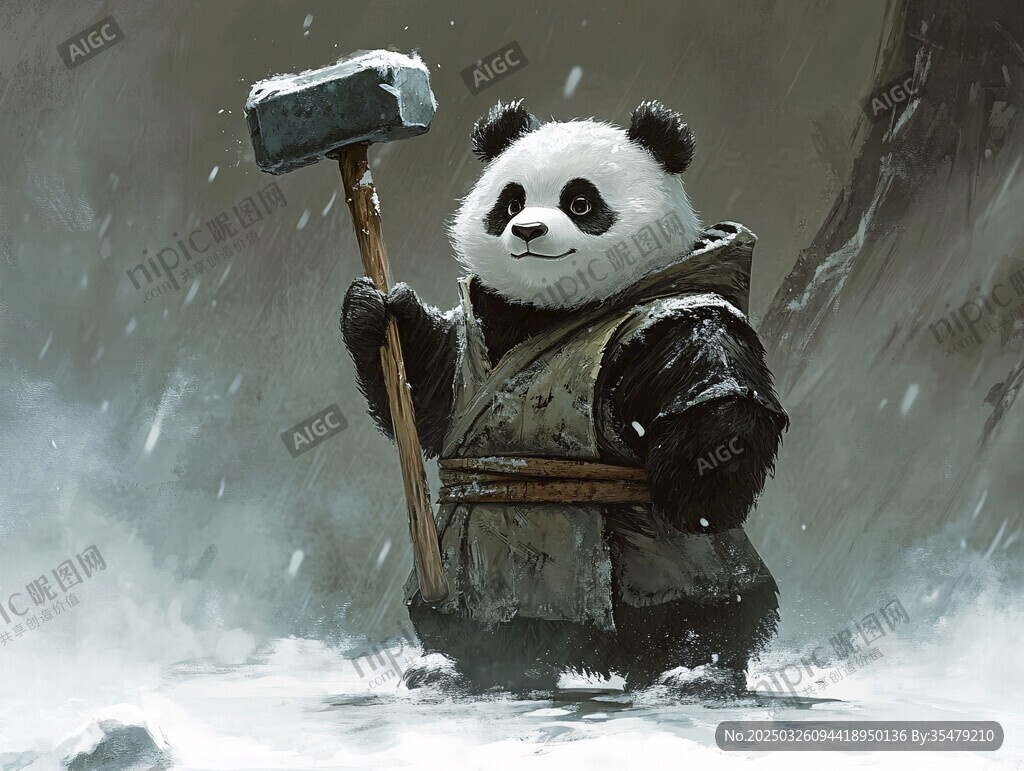 持锤熊猫立于风雪中